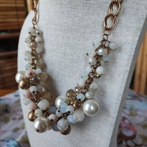 Faux Pearls Matte Brass Gold Chain Milky Glass Faceted Bead Bib Necklace EUC